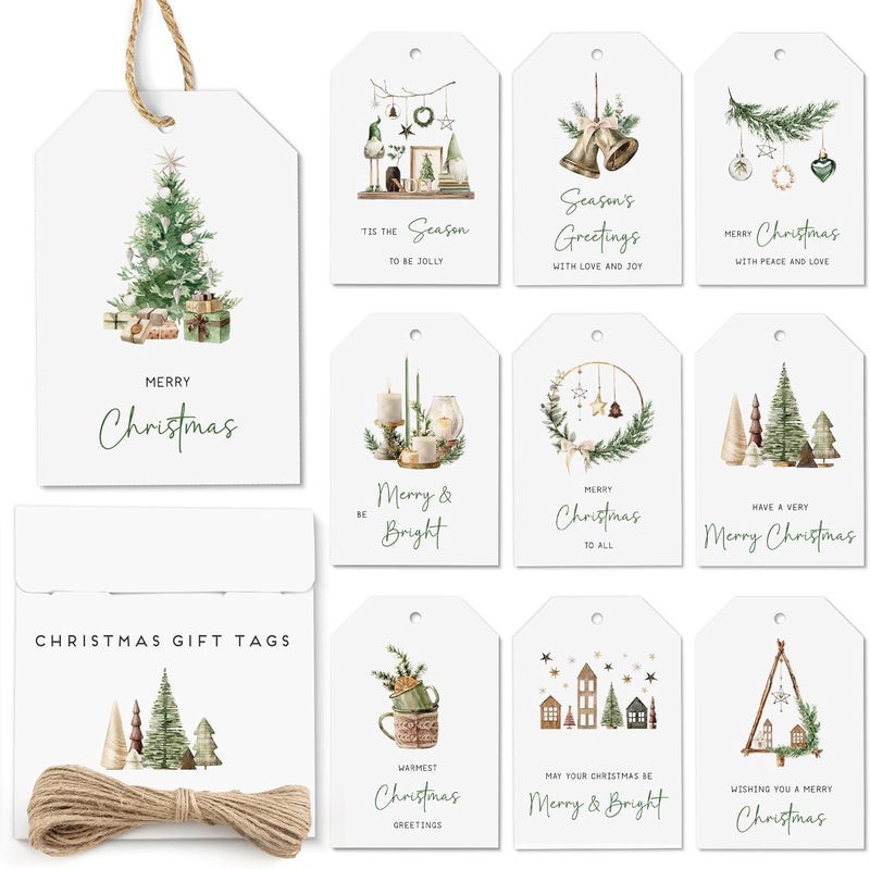 AUDREE 50 Pcs Boho Green Christmas Gift Tags with String – Rustic Minimalist Holiday Tags for Xmas Presents – Elegant Green & Wood Tone Gift Labels for Wrapping, Cards & DIY Crafts - Image 1